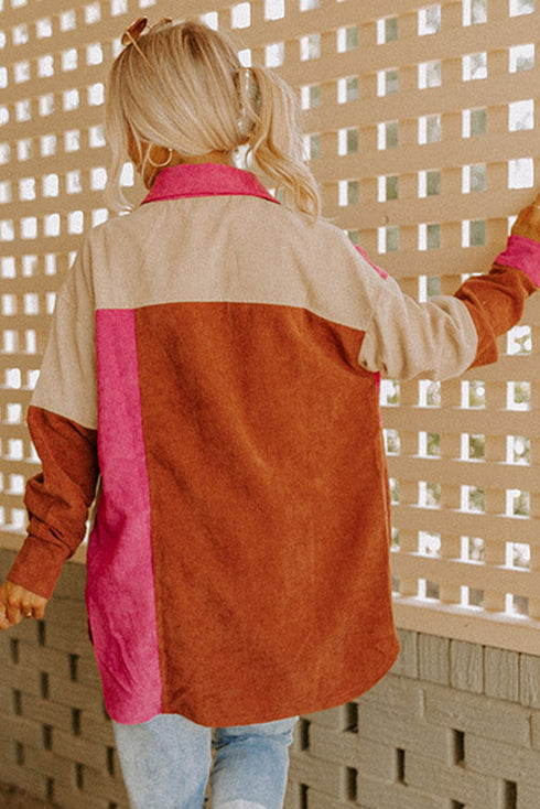 Colorblock Curved Hem Corduroy Shacket with Pocket